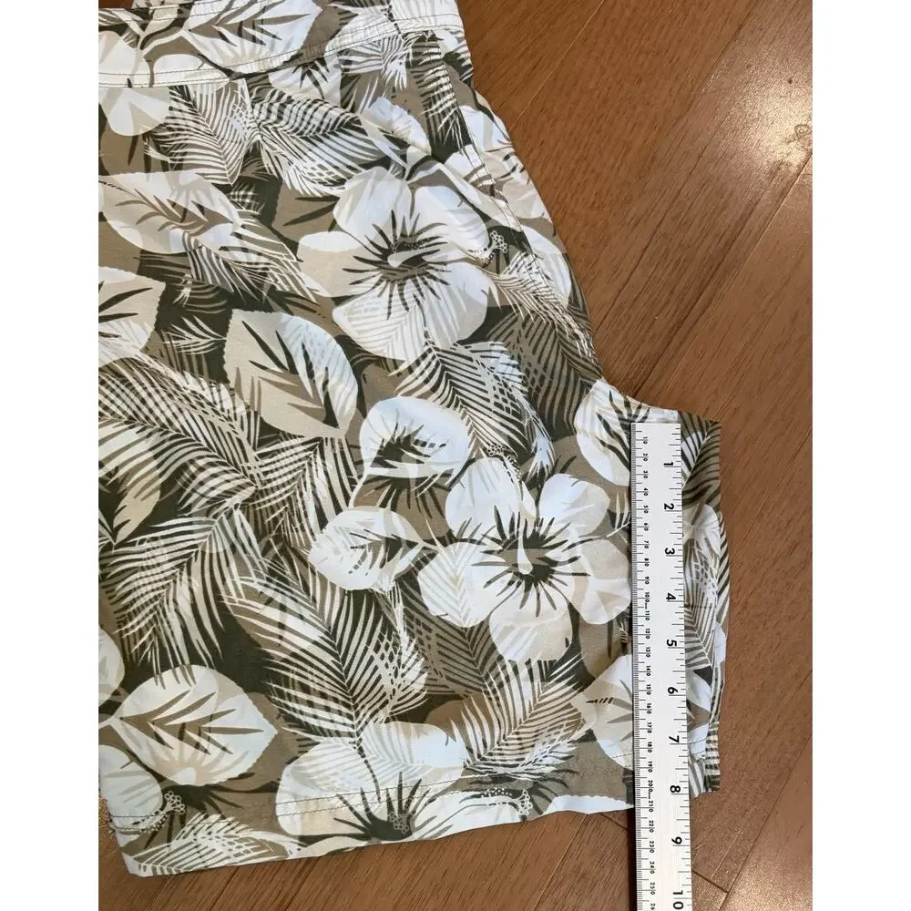 LL Bean Swim Trunks 36 Hawaiian Flowers Beige Supplex Nylon Lined Drawstring EUC